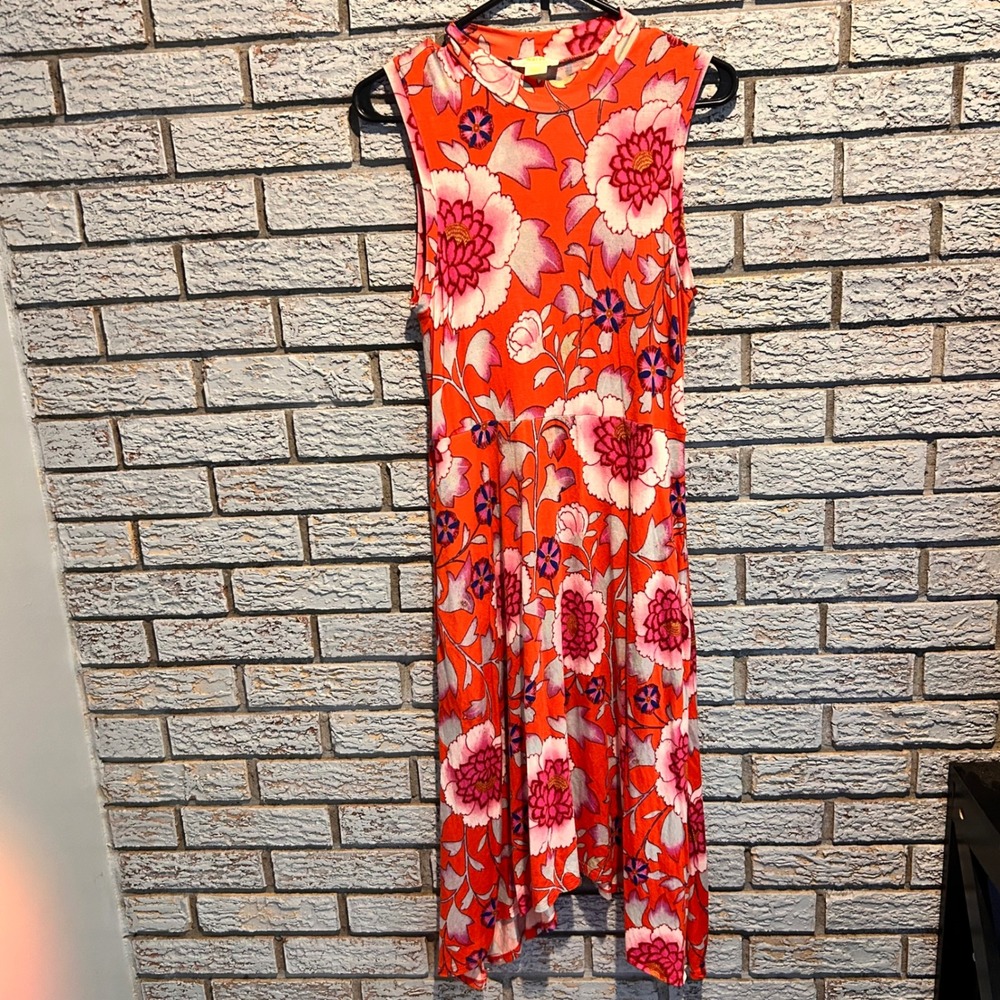 Maeve Anthropologie Orange Floral Mock Neck Handkerchief Hem Midi Dress Small